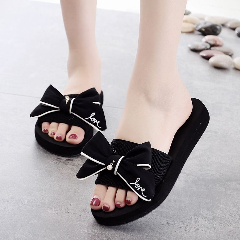 Flash Jiao's New One-word Drag Handmade Bow 3cm Non-slip Seaside Vacation Travel Fashion Women's Beach Shoes_vogvips.com