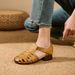 Top-layer Cowhide Brown Vintage Lace-up Woven Pig Cage Shoes Soft Sole, Hollowed-out Design, Closed-toe Roman Sandals_vogvips.com
