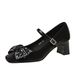 6295-H99 Women's Chunky Mid-Heel Mary Jane Shoes With Rhinestone Bow, Versatile Satin Strap, Square Toe_vogvips.com
