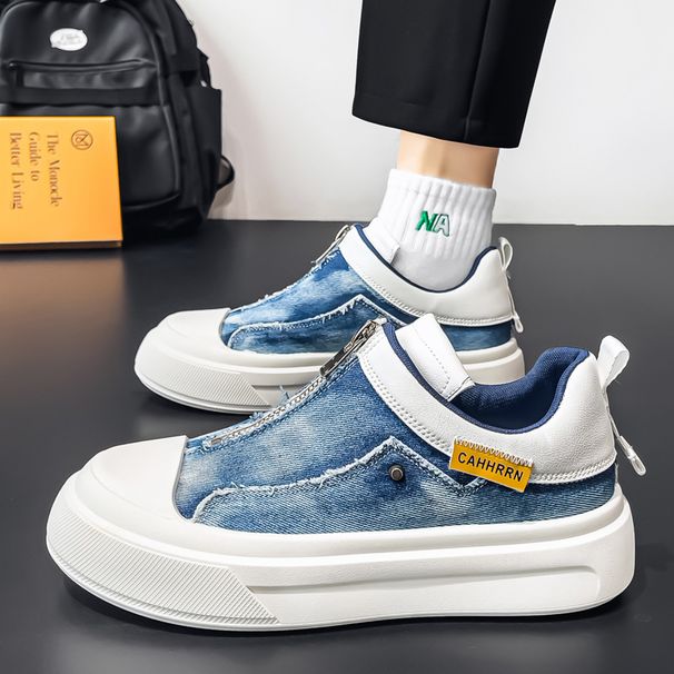 Spring 2026 Slip-on Canvas Men's Shoes Lazy Shoes Blue Denim Shoes Zipper Flat Shoes Flip-on Derby Shoes_vogvips.com