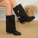 Women's Winter High Heeled Slip-On Trouser Boots Beaded Pointed Toe Suede Mid Calf Plus Size Pleated Shoes_vogvips.com
