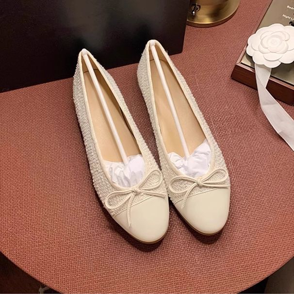 Hong Kong-Style Genuine Leather Bow-Tie Patchwork New-Inspired Women's 2025 Summer-Autumn Round-Toe Shallow Flat_vogvips.com