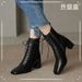 Jinbukang Women's Short High Chunky Heel French Martin Elegant Slim Boots Lace-up Soft Leather Square Toe Cut_vogvips.com