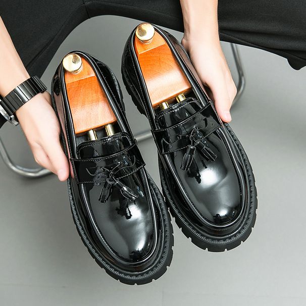 Britih Style Men' Black And White Color Block For Short Stature Height Increaing Slip-On Thick Sole Leather_vogvips.com