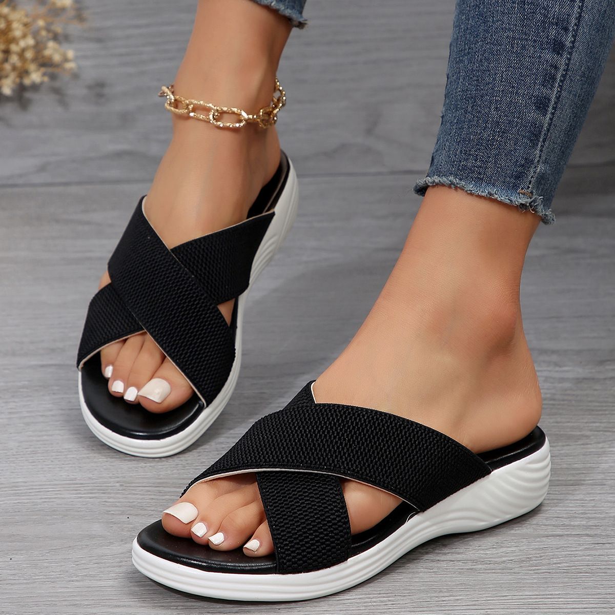 Women's Shoes Summer Large Size Women's Thick Soled Cross Sandals Comfortable Breathable Elastic Cloth Upper_vogvips.com