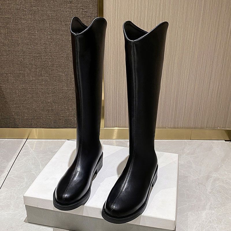 Over-the-Knee Short Petite Women, Chunky Heel V-Cut Pointed Toe Riding Boots, 2023 Autumn Winter New Thick-Soled Long_vogvips.com