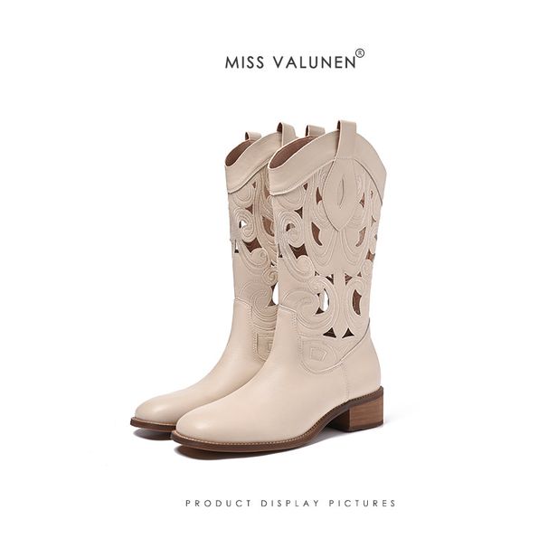 Pointed Toe Hollow Out Short For Women Ethnic Style New Thick Sole Mid-Calf Motorcycle Chunky Heel Versatile Western_vogvips.com