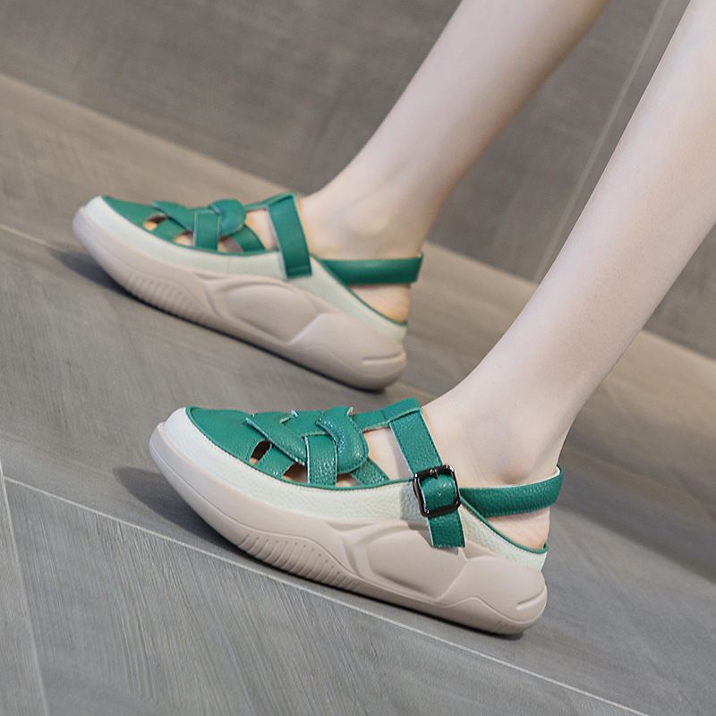 Sandals Women's Leather Surface Flat Bottom Bag Head Soft Sole Maternity Shoes Casual Wear Color Matching Beach Sandals_vogvips.com