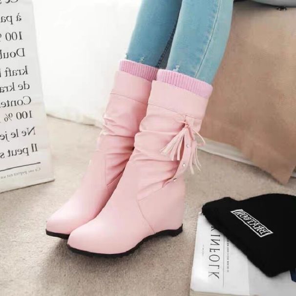 2025 New Korean Spring And Autumn Winter Mid Boots Internal Height Increase High Heel Wedge College Style White_vogvips.com