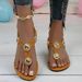plus Size Rhinestone Chain Strap Open Toe Sandals For Women Flat Elastic Flip Flops Black Brown PU Upper Rubber Sole_vogvips.com