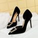 1363-K39 Elegant Banquet Heels Stiletto Shallow Mouth Pointed Toe Metal Buckle West Silk Side Hollow Super High Heel_vogvips.com