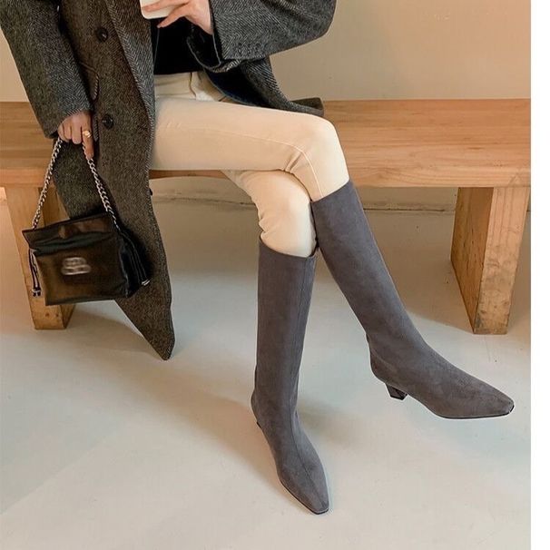 Simple And Stylish Thin Short Heel Long Suede Wide Mouth Slim Pointed Toe High Boots Brown_vogvips.com