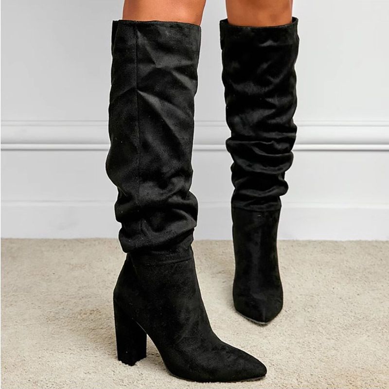 Plus-size Black Gauze Fashion Pointy Boots For Women With Thick Heels_vogvips.com