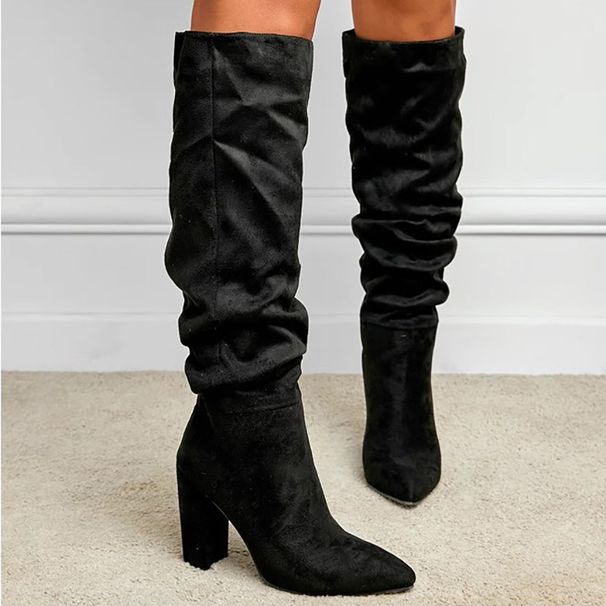 Plus-size Black Gauze Fashion Pointy Boots For Women With Thick Heels_vogvips.com