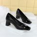 5299 Korean Version Banquet Women's Shoes Mary Jane Cracked Splicing Commuting High Heels Mid Thick Heel Square Toe_vogvips.com