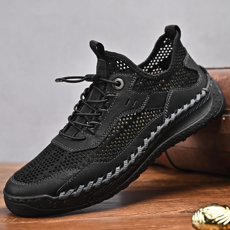 Casual Large Size Trendy Handmade Cowhide Mesh Breathable Men's Leather Shoes_vogvips.com