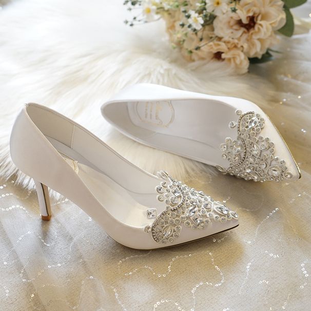 Women's Sweet Pointed Toe Stiletto Heels Rhinestone Satin Low Top Shoes For Evening Gowns Banquet Bridesmaid Wedding Dress Photoshoots_vogvips.com