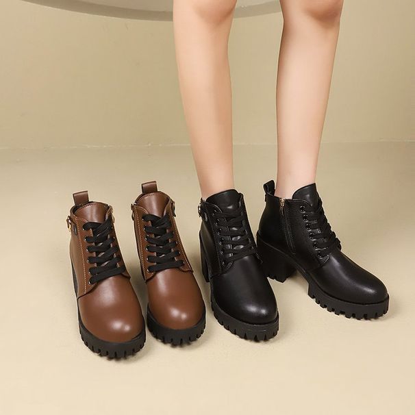 New High Ankle British Style Women's Shoes 2024 Autumn Chunky Heel Round Toe Lace-up And Bare Riding Boots_vogvips.com