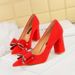 Spring And Autumn New High Heels Thick Heel Suede Light Mouth Pointed Bow Single Shoes Women's Shoes_vogvips.com