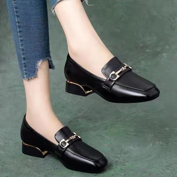 Soft-soled Loafers Women's Square Head Shallow Mouth Single Shoes Women's One-pedal Small Leather Shoes Square Heel British Style_vogvips.com