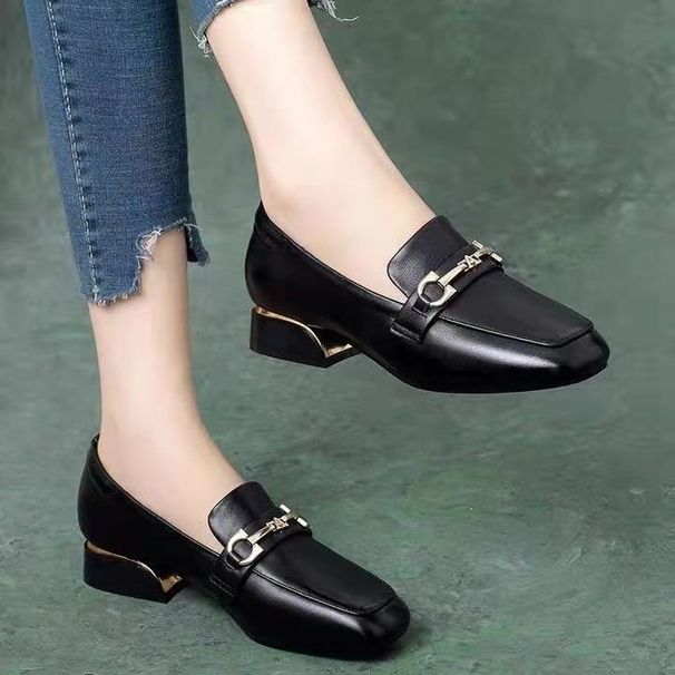 Soft-soled Loafers Women's Square Head Shallow Mouth Single Shoes Women's One-pedal Small Leather Shoes Square Heel British Style_vogvips.com