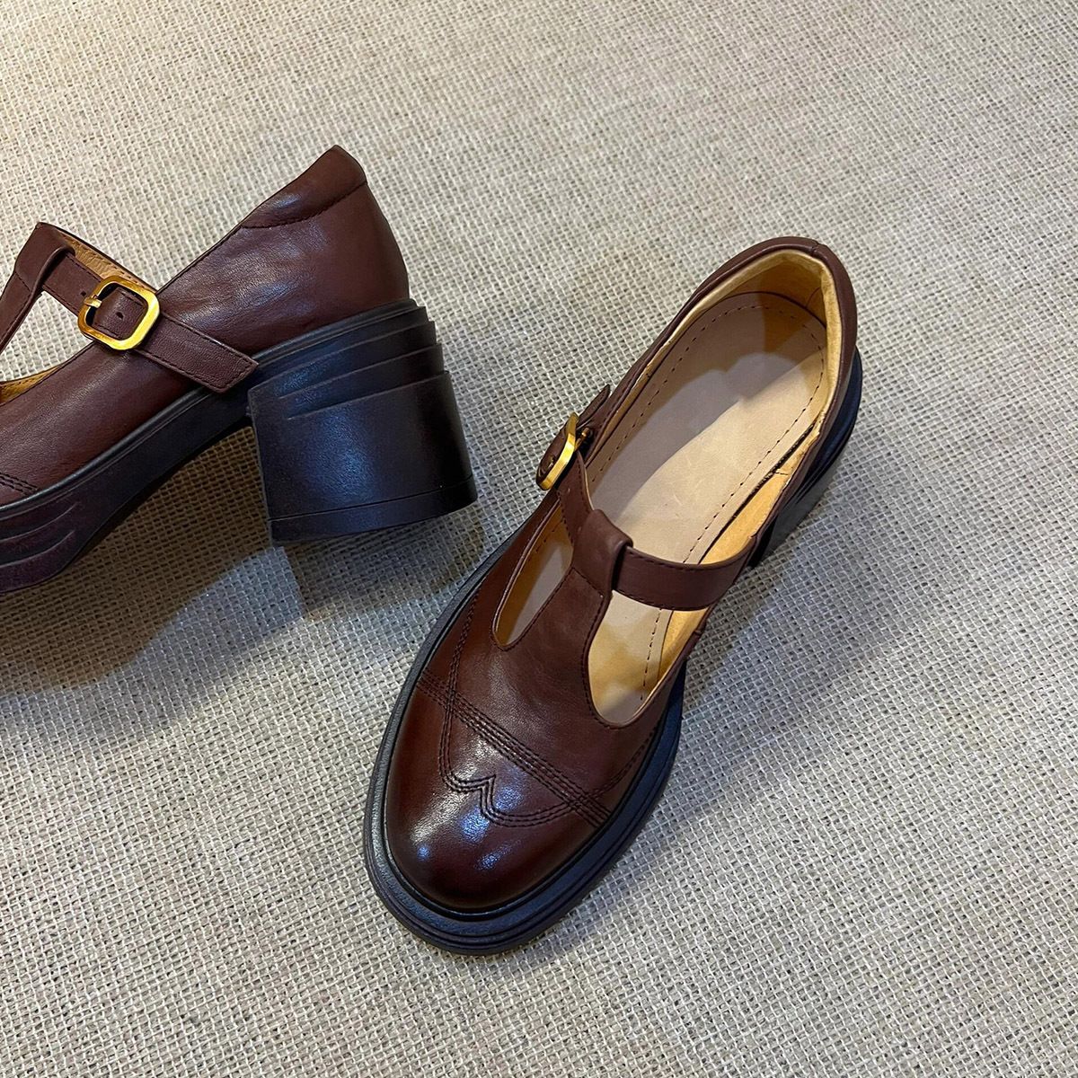 Women's Shoes Thick Soled Chunky Heels British Retro Leather Shoes For Women Loafers Round Toed Mary Jane Shoes_vogvips.com