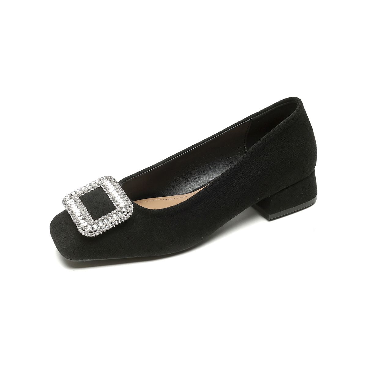 French Thick Heel Single Shoes Women's Black Work Rhinestone High Heels_vogvips.com