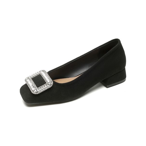 French Thick Heel Single Shoes Women's Black Work Rhinestone High Heels_vogvips.com