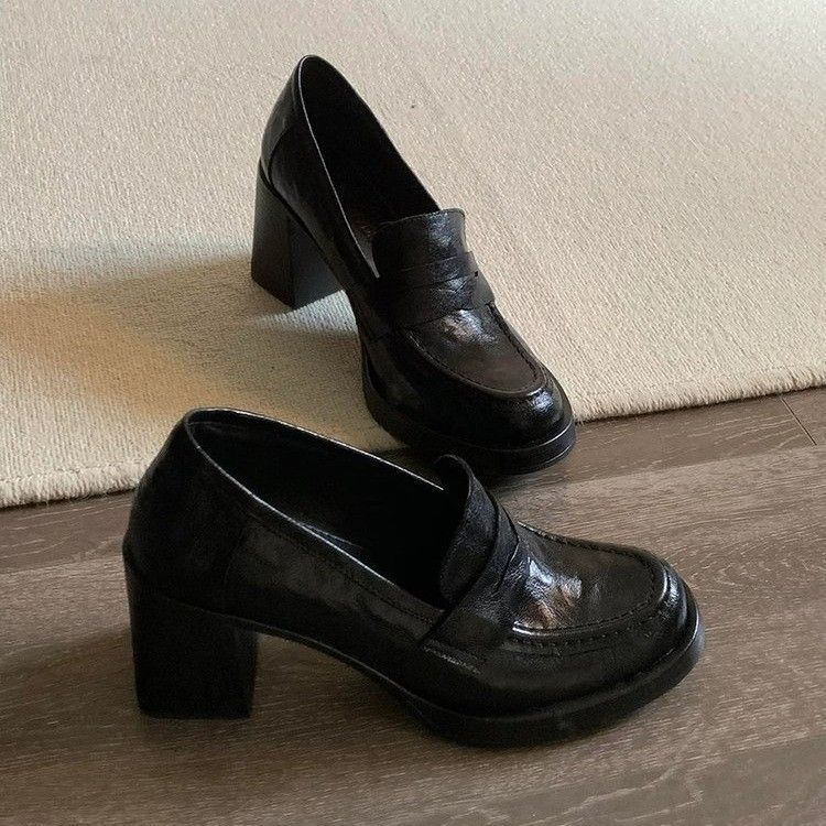 High Heeled Loafers Women S Small Leather Shoes Simple One Pedal Commuting Silent Single_vogvips.com