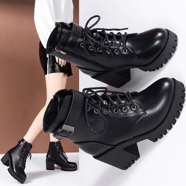 Plus Size 24 Autumn New Lace-up Round Toe Buckle Thick-soled Short For Women British Style Fashion Trendy Martin Boots_vogvips.com