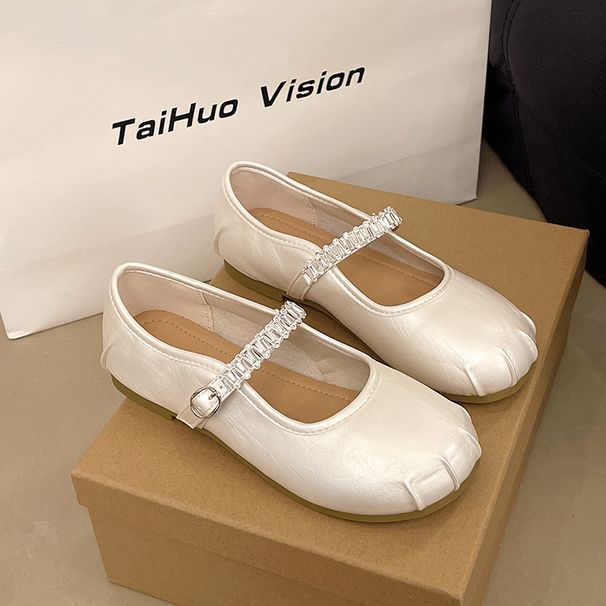 French Flat-bottomed Rhinestone Light-mouth Silver Single Shoes, Female Summer Fairy Style With Skirt One-word Mary Jane Shoes_vogvips.com