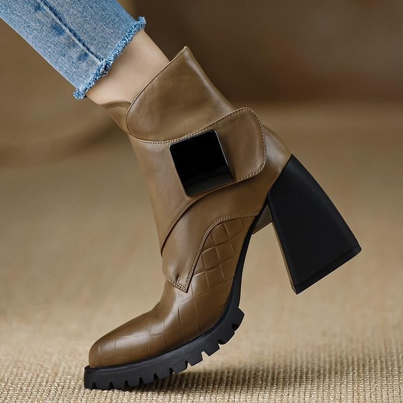 Women's Pointed Toe Metallic Detail Vintage Boots With Hidden Platform Chunky Heel Fashion Ankle Booties High Heeled Fashion Boots._vogvips.com