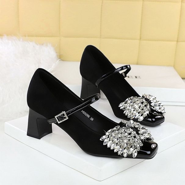 Coarse Heel Suede, Light Mouth Square Head Shining Rhinestone Buckle With Mary Jane Single Shoes Women_vogvips.com