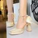 High Heel Sandals Thick Heel Square Head Satin Hollow Pearl One-word Belt Back Bow Wedding Shoes_vogvips.com