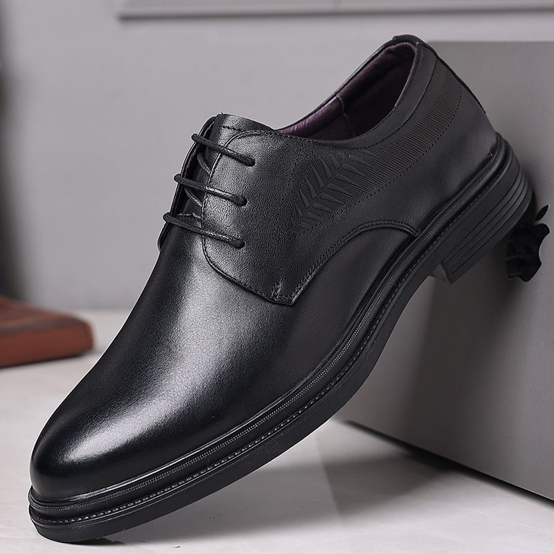 Euro Step Men's Business Formal High-end Genuine Leather Casual Black British Style Solid Color Height-increasing Wedding Shoes_vogvips.com