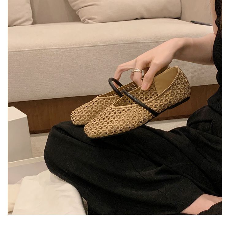 Sheepskin Version ~ French Style Genuine Leather Square Toe Hollow Mesh Sandals For Women New Soft Sole Woven Mary Jane_vogvips.com