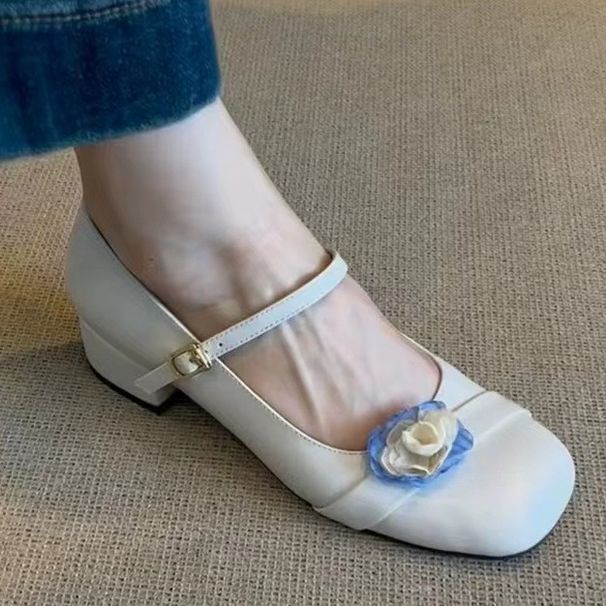 French Style Square Toe Large Flower Shallow Mouth Mary Jane Fashion Versatile Commuter Chunky Heel Soft Leather Dress_vogvips.com