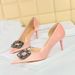 High heel suede shallow mouth pointed side hollow-out metal rhinestone buckle single shoes women_vogvips.com