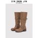 Women's Retro Distressed Mid Calf Boots Chunky Heel Belt Buckle Slouch Boots Style Niche Work Boots For Autumn New Style_vogvips.com