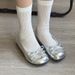 Lancui Ballet Style Silver Round Toe Cute Little Single Super Soft Slip-On Comfortable Grandma Flat Leather Shoes_vogvips.com