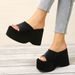 Thick Sole Sloping Heel Flip Flops For Women With High Heels, Solid Color Cloth Surface Beach Sandals, Slippers_vogvips.com
