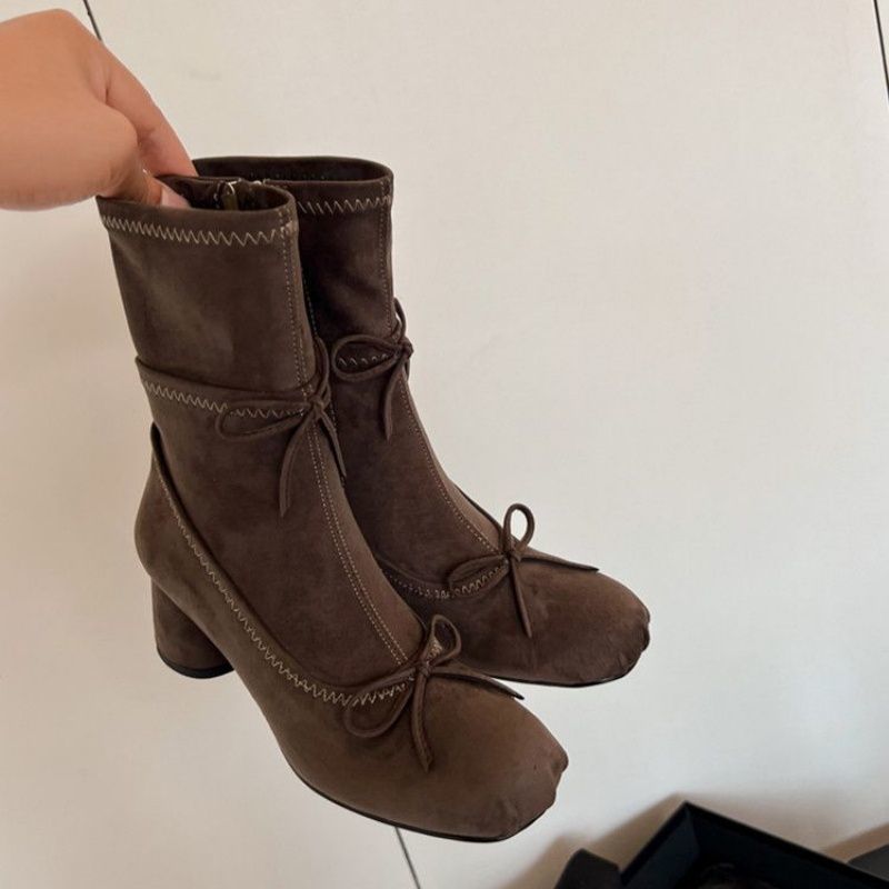 Women's Chunky Heel Ankle Boots - Side Zipper Ballet Flats With Bow Detail | Round Toe Comfort | Fall/Winter Fashion Booties_vogvips.com
