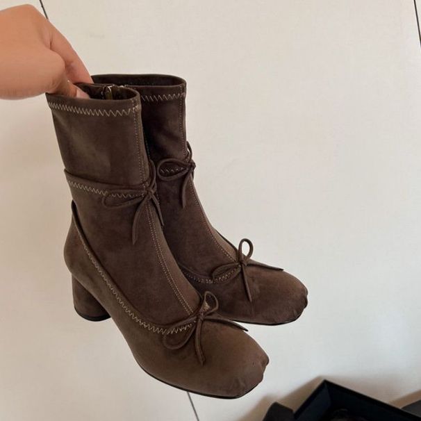 Women's Chunky Heel Ankle Boots - Side Zipper Ballet Flats With Bow Detail | Round Toe Comfort | Fall/Winter Fashion Booties_vogvips.com