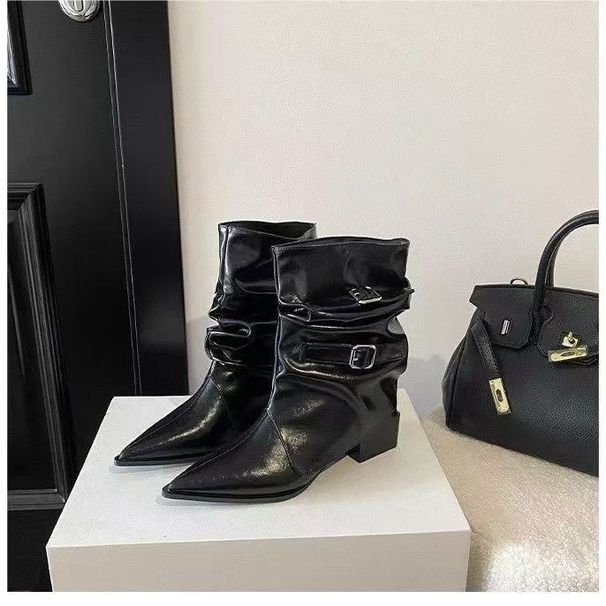 2025 Summer New Pointed Toe Retro Martin Design Sense Wrinkled Slouch Soft Leather Slimming Wide Tube Boots For Women_vogvips.com