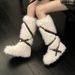 Furry Snow Boots For Women Winter 2024 New Style Warm Mid-Calf Cross Strap Rivet Non-Slip Cotton Shoes Low Heel_vogvips.com