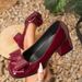 Large size square head bow single shoes for women new thick heels patent leather black work shoes_vogvips.com
