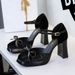 9899-H116 Women's Chunky Heel High Heels With Waterproof Platform, Suede Bow, Square Toe, Versatile Single Strap Hollow_vogvips.com