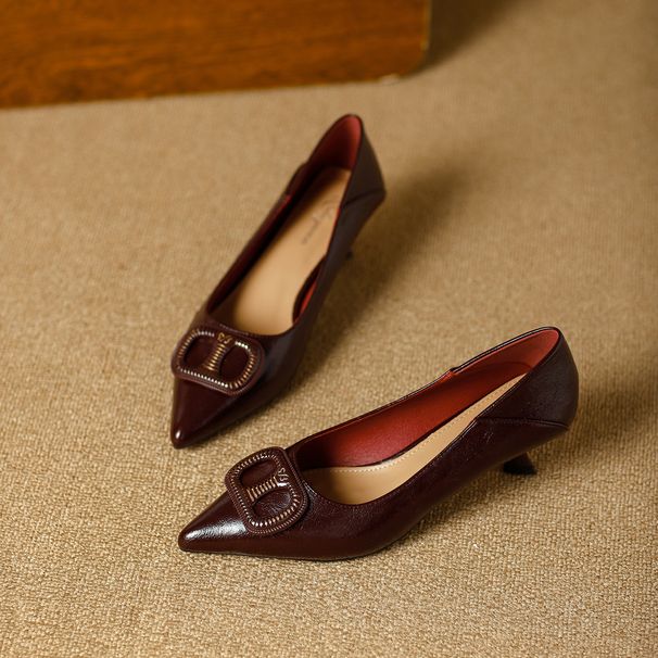Comfortable Stiletto Slip-on Shoes 2026 Spring New French Style Soft Leather Square Buckle Pointed Toe Mid-heel Shallow Single Sho_vogvips.com