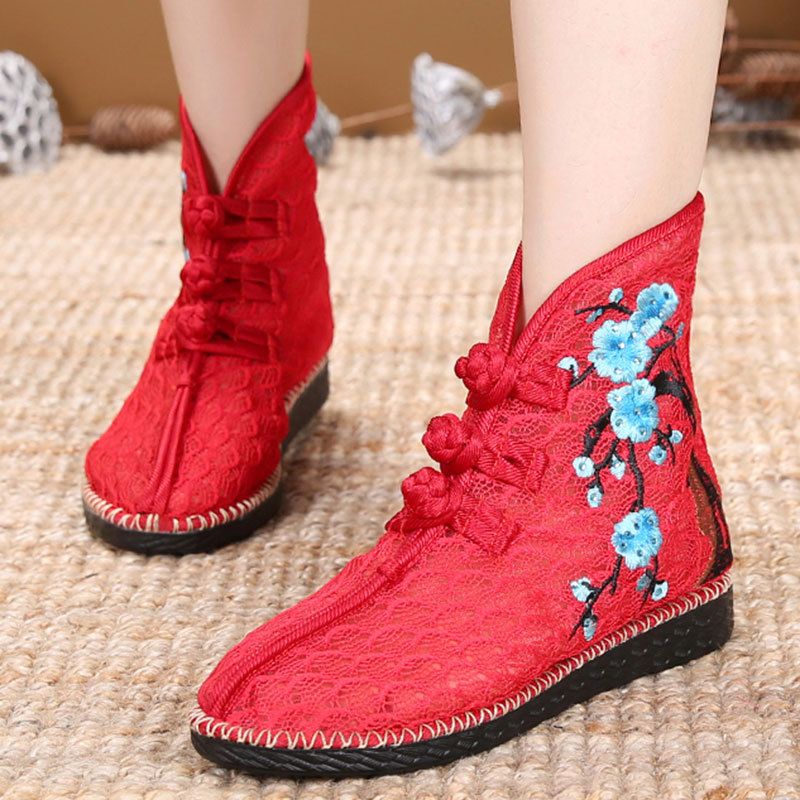 Summer Boots Floral Fabric Patchwork Lace Mesh Breathable Ethnic Style Buckle Embroidered Women's Single Shoes Sandals_vogvips.com