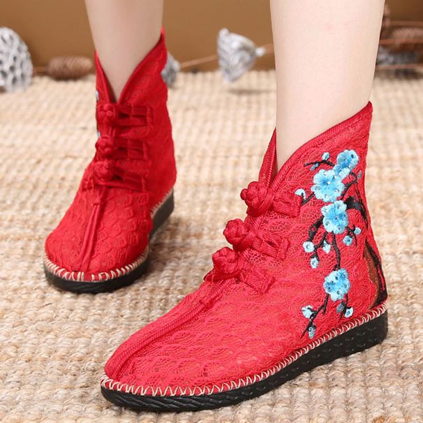 Summer Boots Floral Fabric Patchwork Lace Mesh Breathable Ethnic Style Buckle Embroidered Women's Single Shoes Sandals_vogvips.com